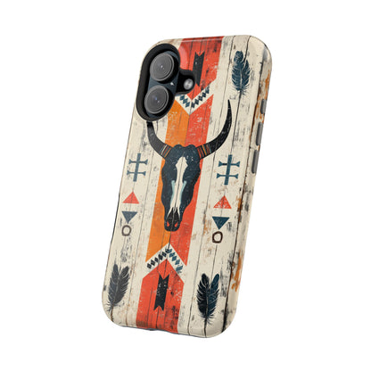 Rustic Western Bull Skull Tough MagSafe iPhone Case – Distressed Wood Design, Dual-Layer Protection