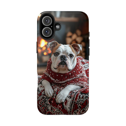 Cozy Bulldog in Sweater iPhone Case – Festive Fireplace Protective Cover