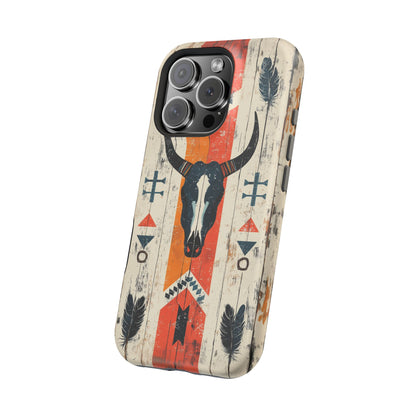 Rustic Western Bull Skull Tough MagSafe iPhone Case – Distressed Wood Design, Dual-Layer Protection