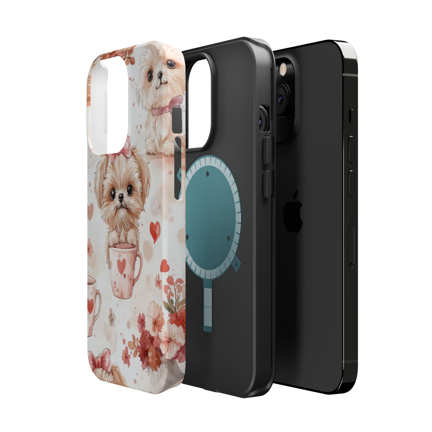 Puppies & Heart Mugs MagSafe iPhone Case – Sweet Dog & Floral Design, Shockproof & Slim