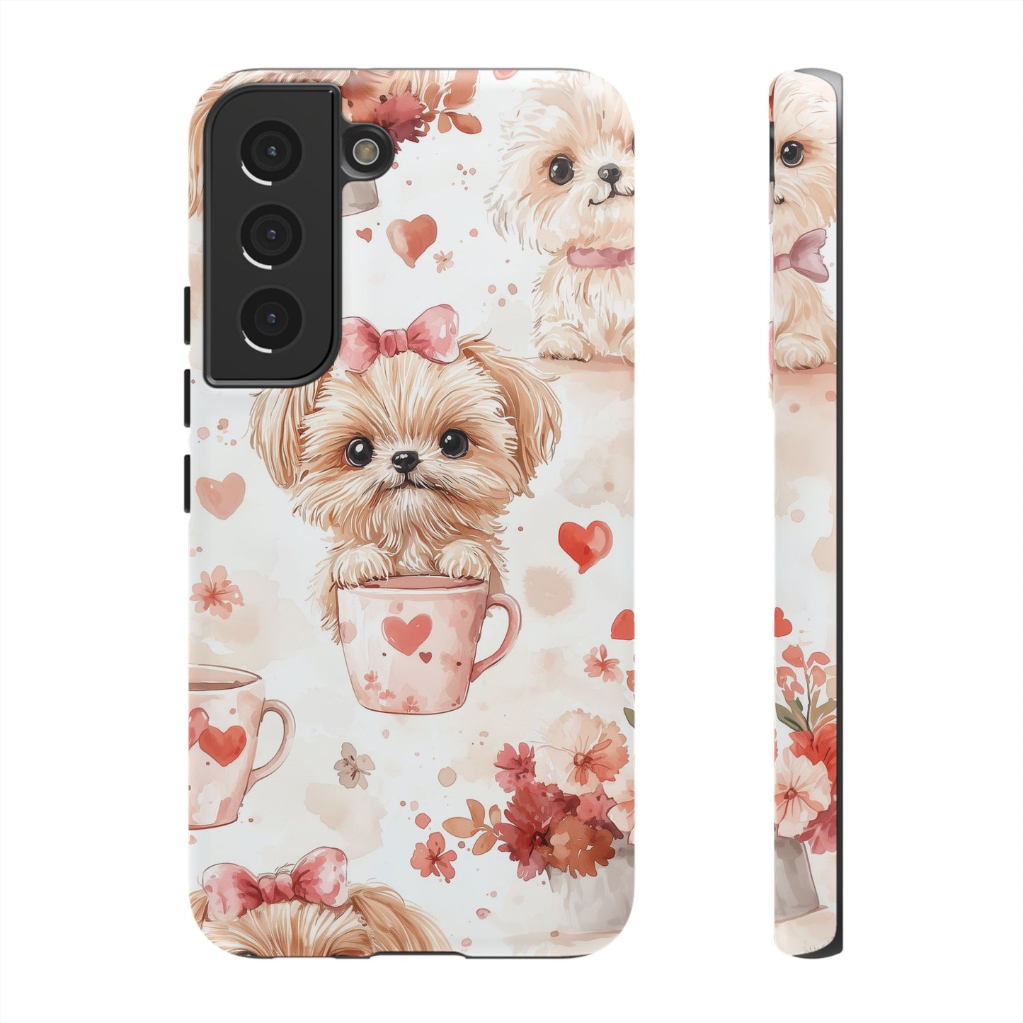 Puppies & Heart Mugs Samsung Galaxy Case – Sweet Dog & Floral Design, Shockproof & Slim