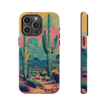 Desert Oasis Retro Cactus Phone Case - Vibrant Sunset Landscape for iPhone 15/14/13/12, Samsung S24/S23/S22/S21, & Google Pixel