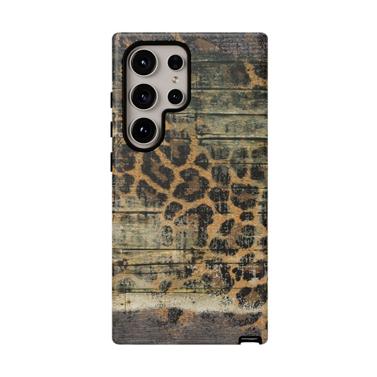 Rustic Wood and Leopard Print Tough Samsung Galaxy Case – Distressed Western Design with Dual-Layer Protection