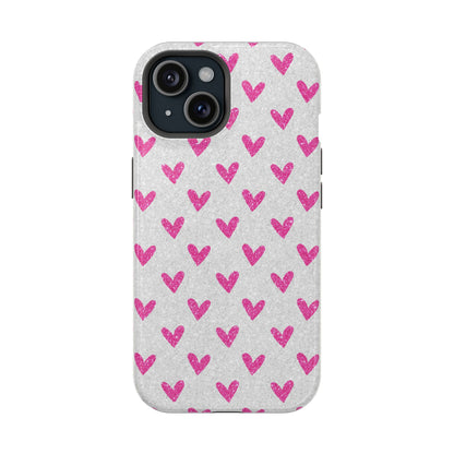 Pink Hearts on Glitter Silver – MagSafe iPhone Case