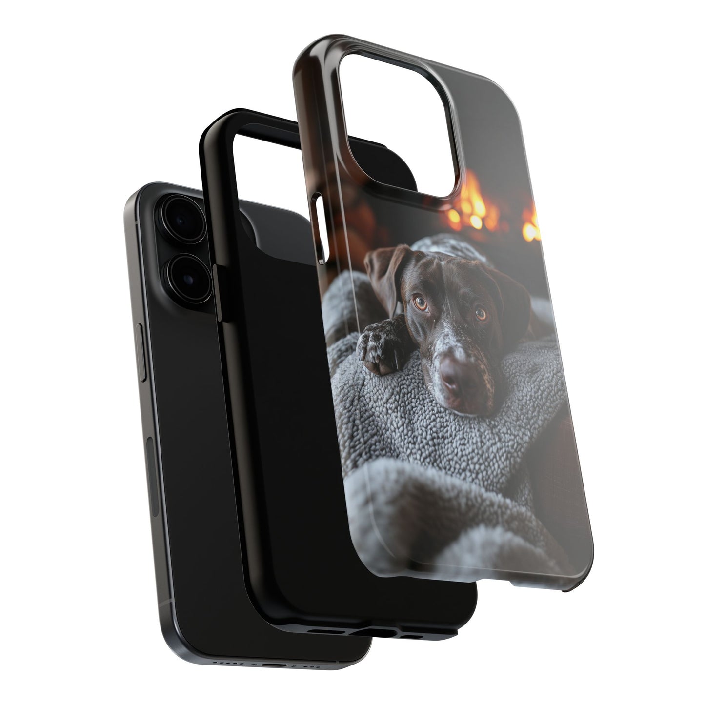 Cozy German Shorthaired Pointer iPhone Case – Rustic Fireplace Protective Cover