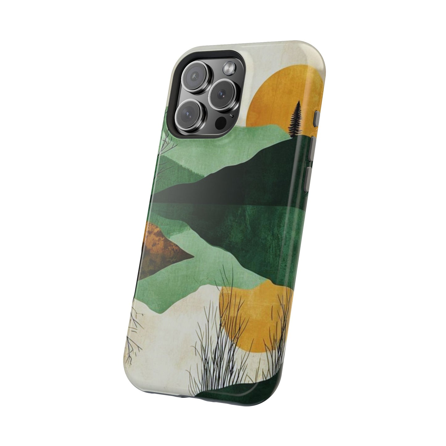 Retro Mountain Sunrise MagSafe iPhone Case – Minimalist Landscape Design, Dual-Layer Protection