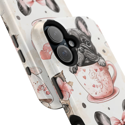 French Bulldogs in Teacups MagSafe iPhone Case – Cute Dog Design with Hearts & Bows, Shockproof & Slim