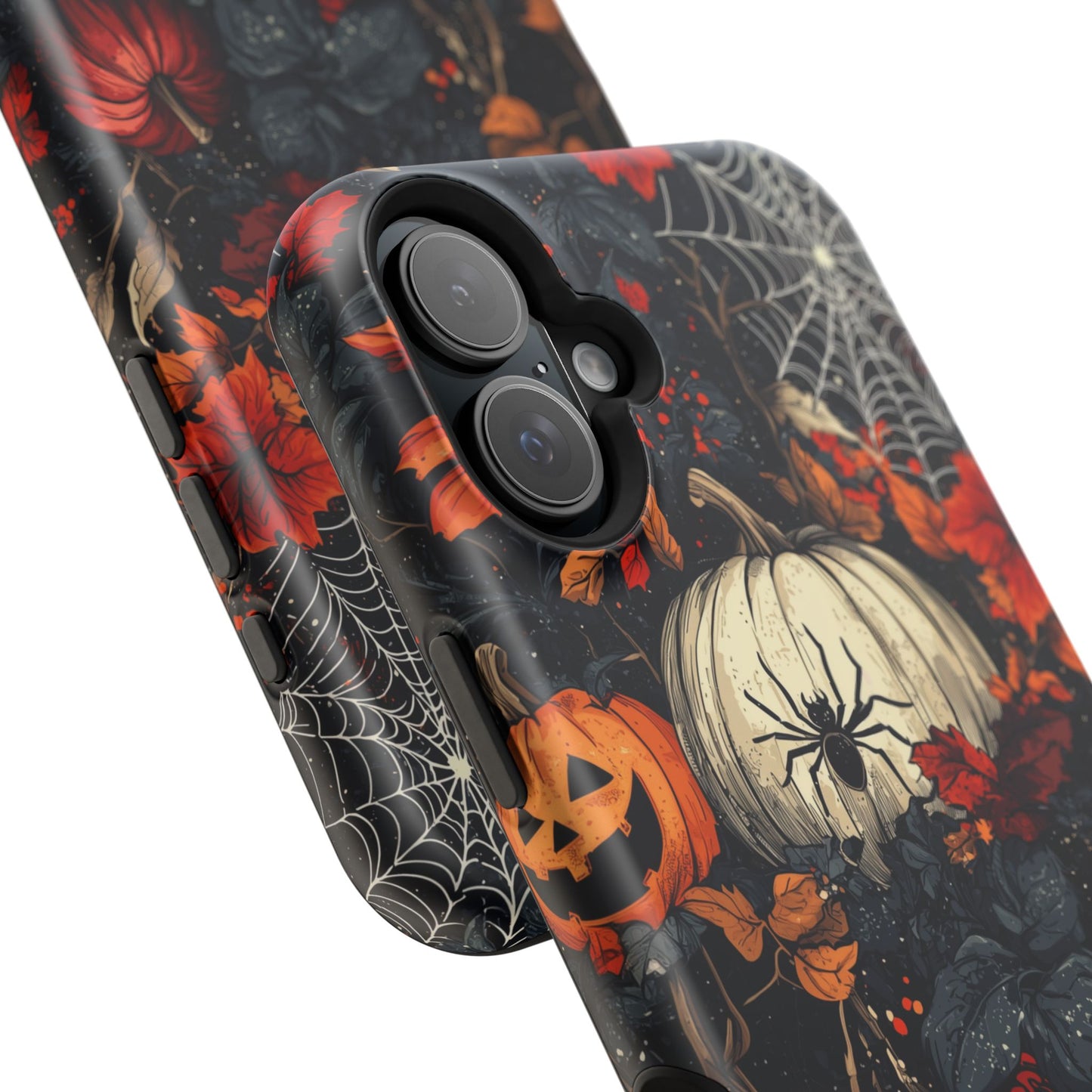 Hauntingly Elegant Halloween MagSafe iPhone Case – Pumpkins, Spiders, and Autumn Leaves Design