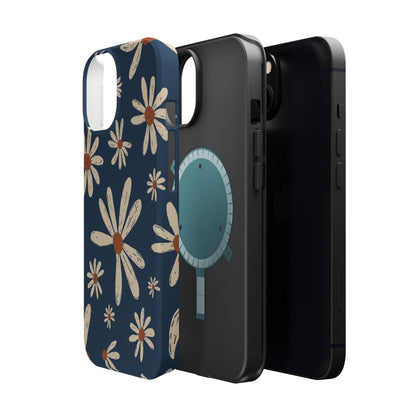 Vintage Daisies MagSafe iPhone Case – Navy Blue Floral Design, Scratch-Resistant with Shock-Absorbing Bumper