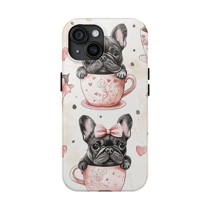 French Bulldogs in Teacups iPhone Case – Cute Dog Design with Hearts & Bows, Shockproof & Slim - BOGO Cases