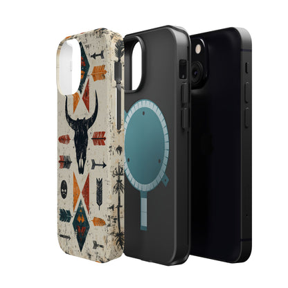 Tribal Bull Skull & Arrows Tough MagSafe iPhone Case – Rustic Western Design, Dual-Layer Protection