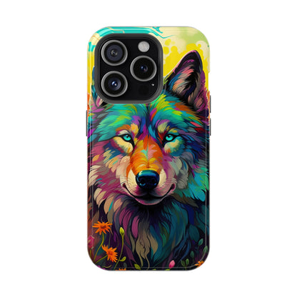 Rainbow Wolf in Bloom – MagSafe iPhone Case with Nature-Inspired Design