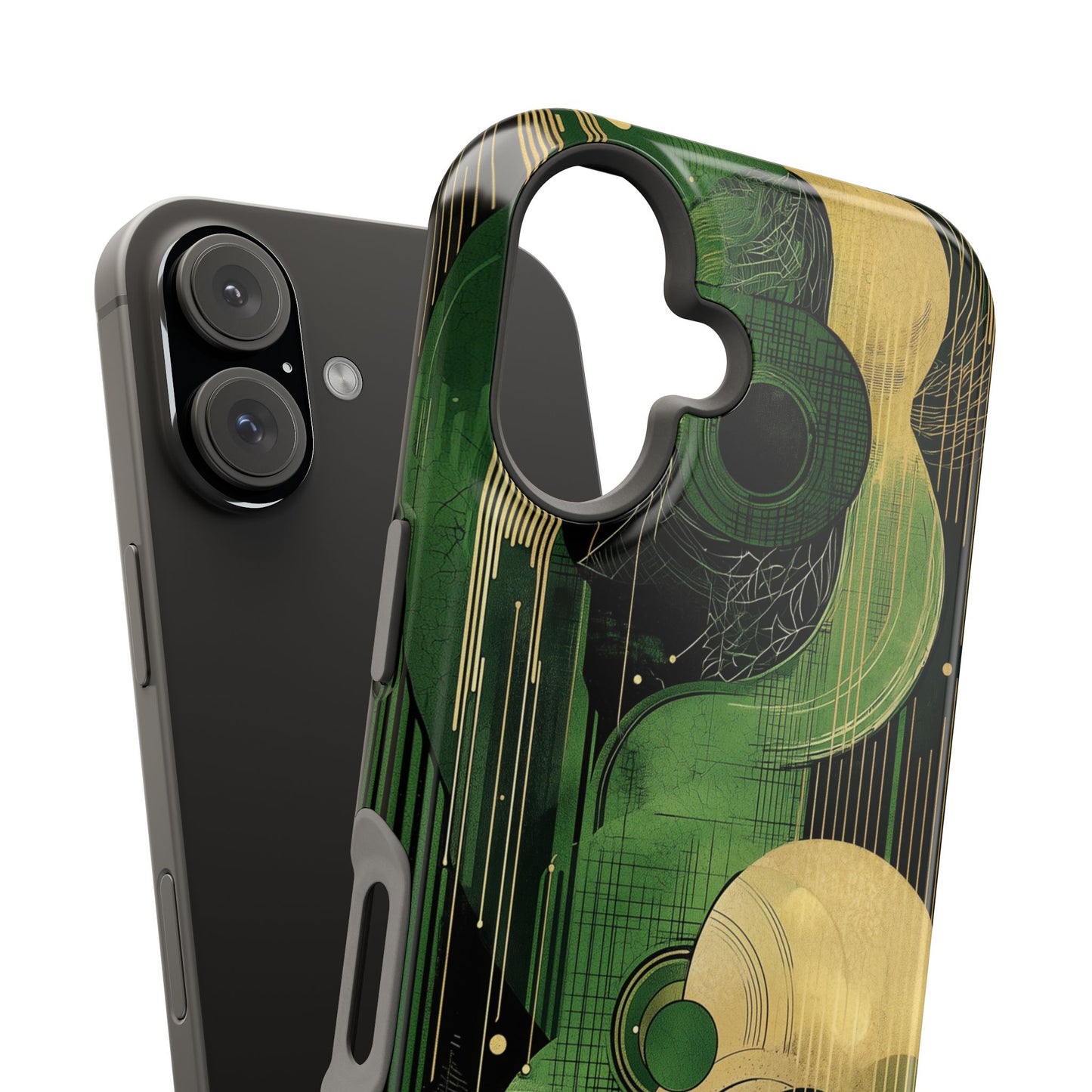 Abstract Green & Gold MagSafe iPhone Case - Geometric Art Deco Protective Cover