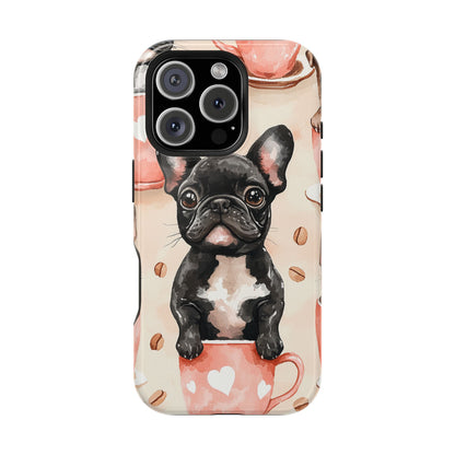 French Bulldogs in Coffee Cup MagSafe iPhone Case – Cute Dog Art, Shockproof & Slim Design