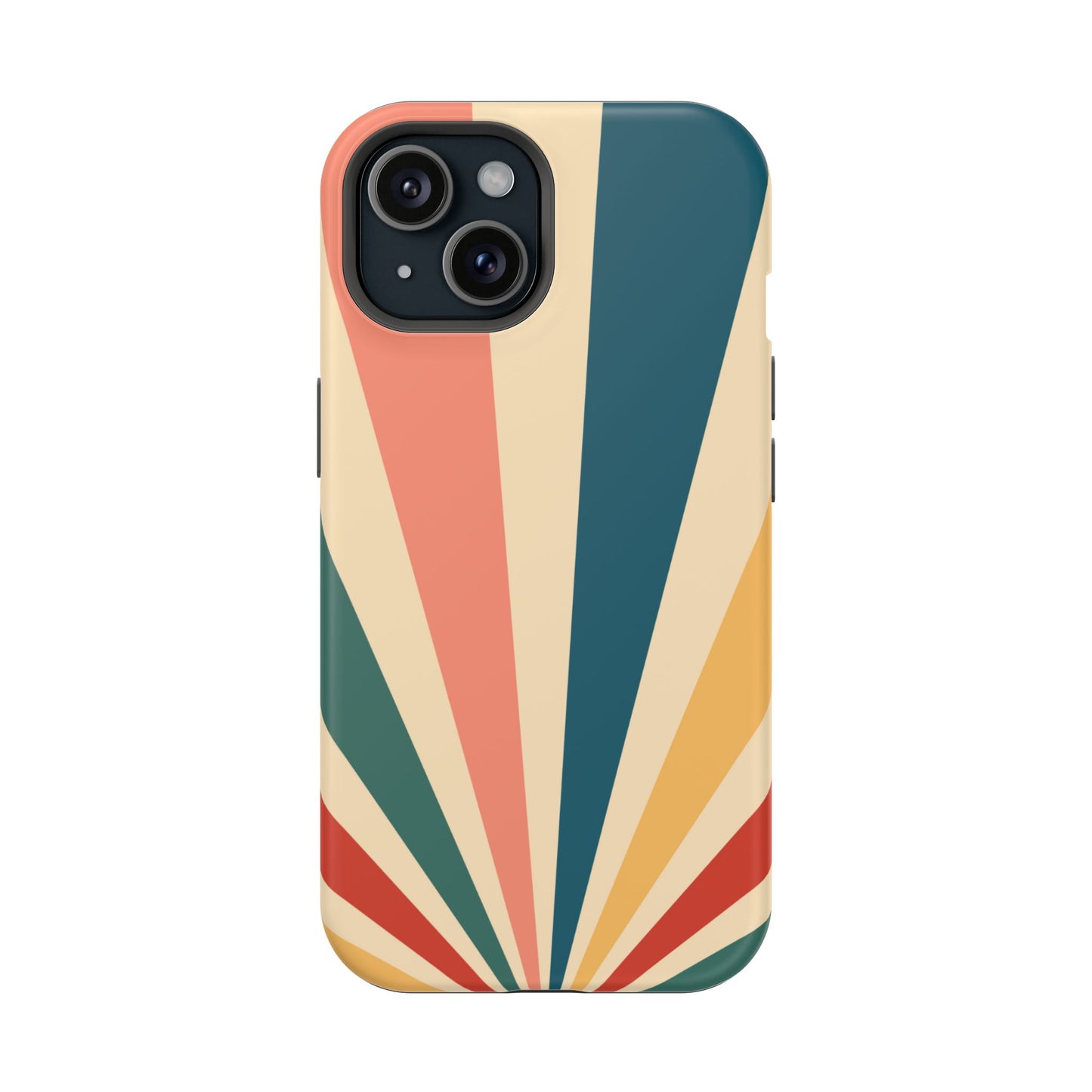 Retro Sunbeam MagSafe iPhone Case – 70s-Inspired Radiating Stripes in Coral, Teal, and Mustard