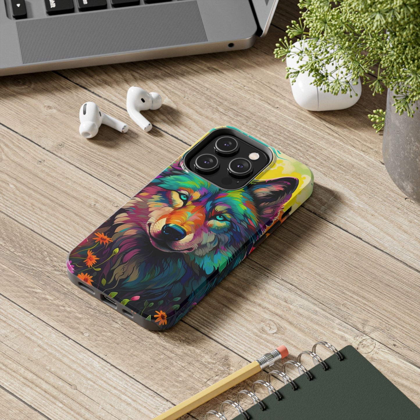 Rainbow Wolf in Bloom – iPhone Case with Vivid Nature Design