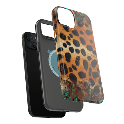 Rustic Leopard Print Tough MagSafe iPhone Case – Distressed Turquoise and Animal Pattern with Dual-Layer Protection