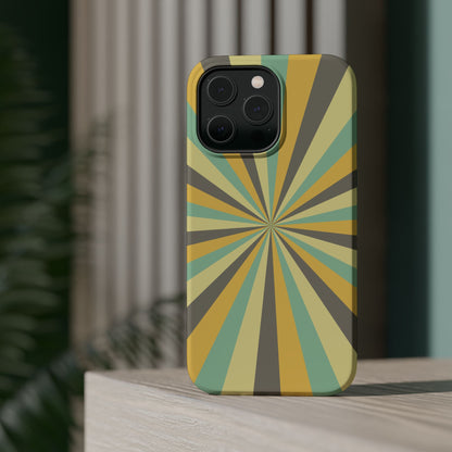 Vintage Sunburst Rays MagSafe iPhone Case – Bold 70s-Inspired Burst in Yellow, Mint, and Gray