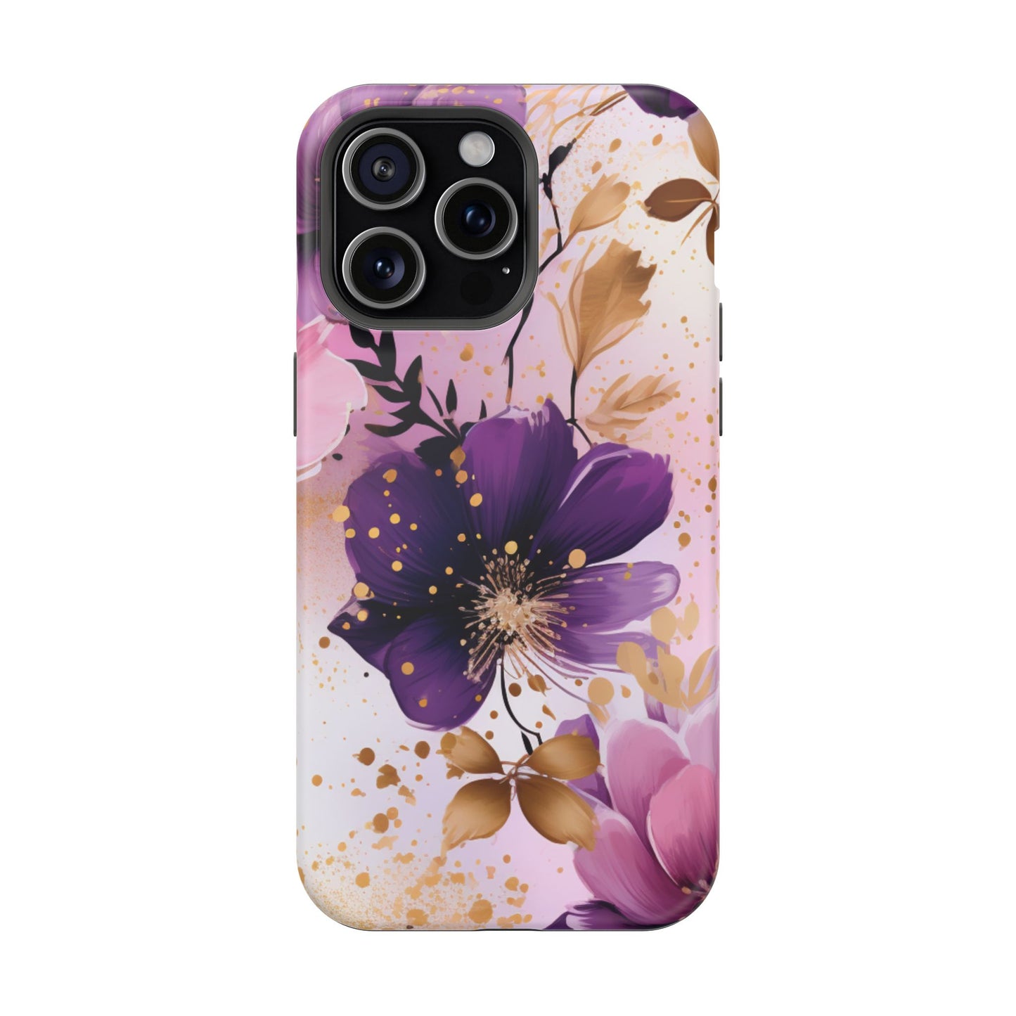 Elegant Purple & Gold Floral MagSafe iPhone Case - Luxe Flower Design