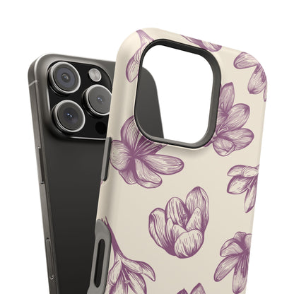 Vintage Botanical Floral Tough MagSafe iPhone Case – Hand-Drawn Purple Flowers, Shockproof Design