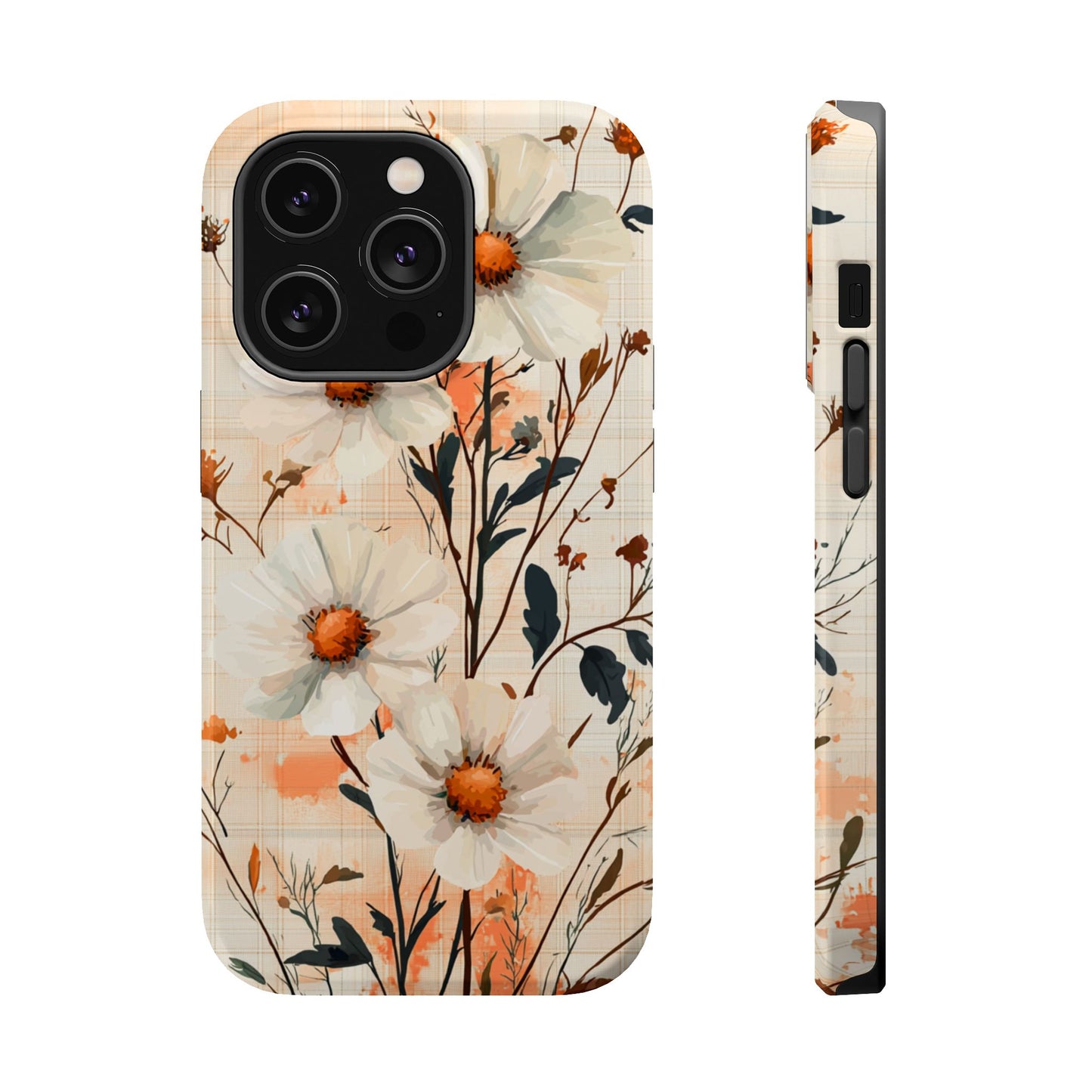 Pastel Orange Floral MagSafe iPhone Case - Elegant Plaid Protective Cover