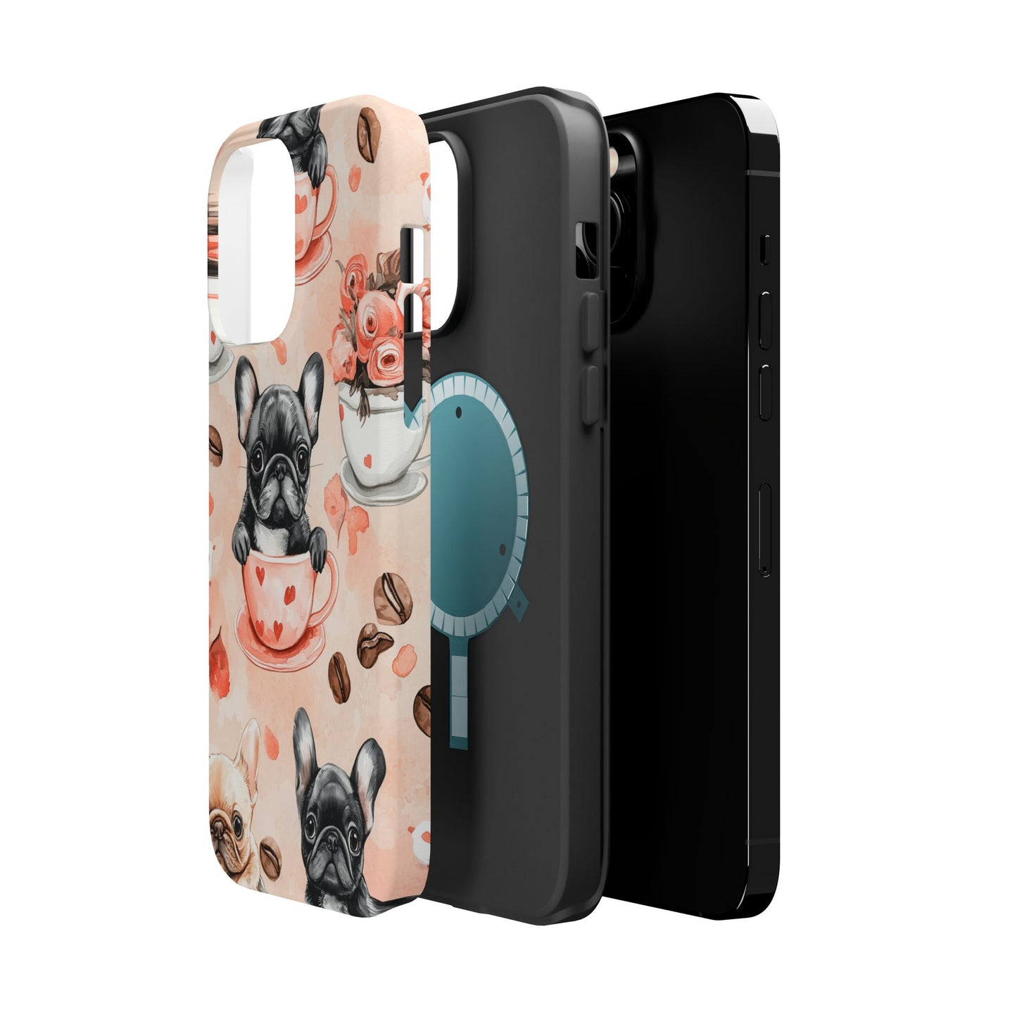 French Bulldogs in Heart Teacups MagSafe iPhone Case – Cute Dog & Floral Design, Shockproof Protection