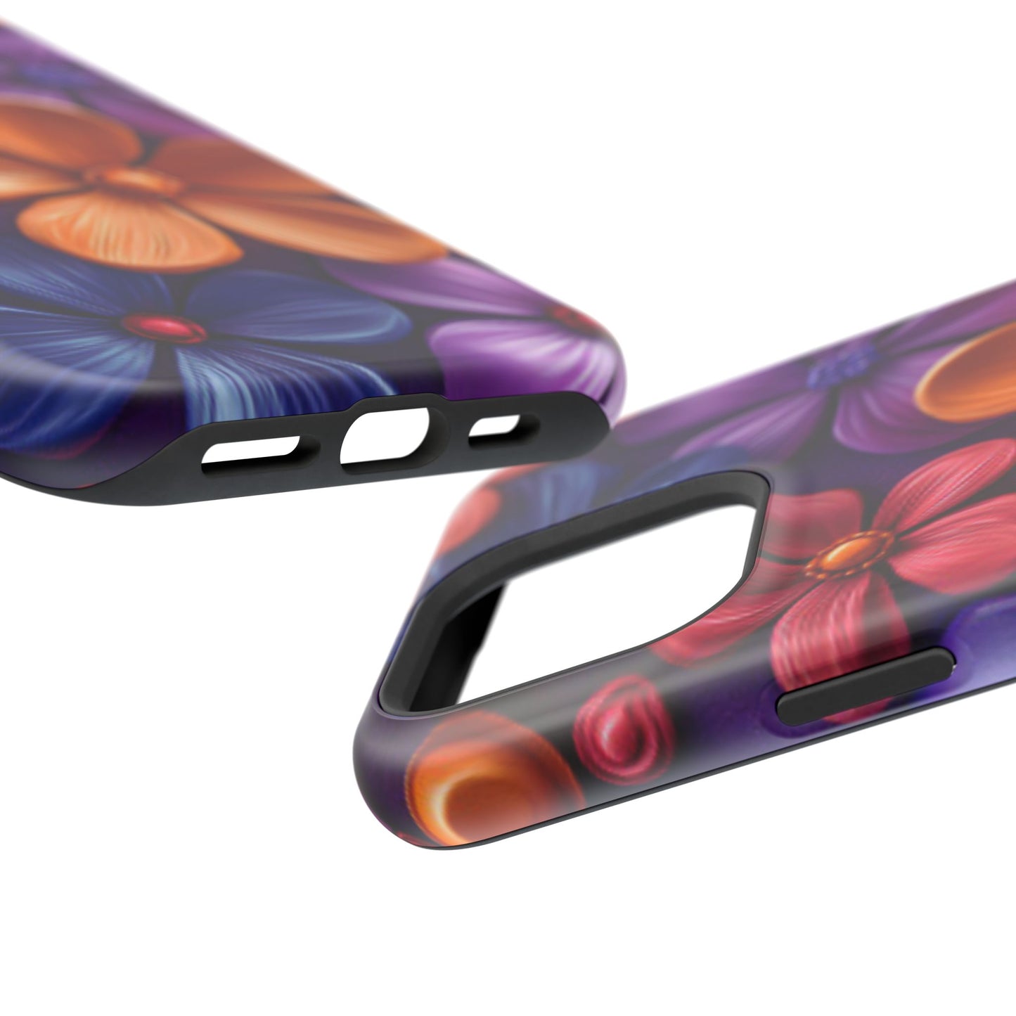 Bold Floral 3D MagSafe iPhone Case – Vivid Purple and Orange Flower Design, Shock-Resistant