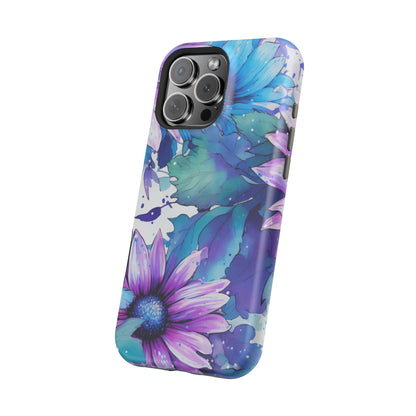 Purple & Teal Watercolor Floral MagSafe iPhone Case - Artistic Flower Design