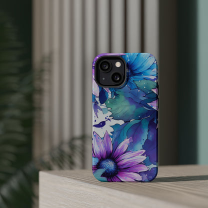 Purple & Teal Watercolor Floral MagSafe iPhone Case - Artistic Flower Design