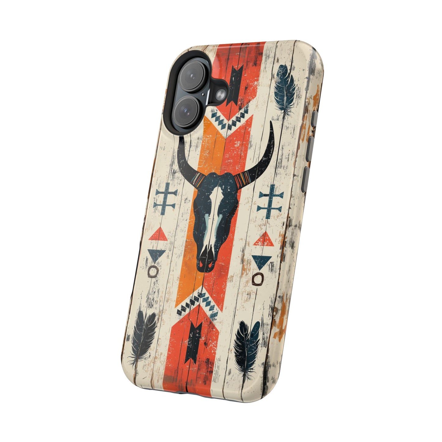 Rustic Western Bull Skull Tough MagSafe iPhone Case – Distressed Wood Design, Dual-Layer Protection