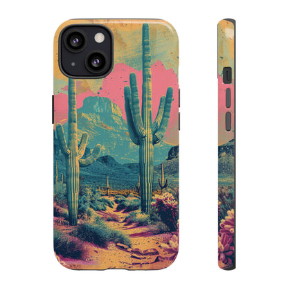 Desert Oasis Retro Cactus Phone Case - Vibrant Sunset Landscape for iPhone 15/14/13/12, Samsung S24/S23/S22/S21, & Google Pixel