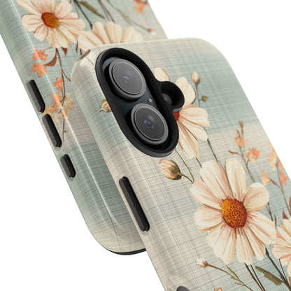 Vintage Plaid & Daisy Floral Tough iPhone Case – Dual-Layer Protection with Retro Flower Design