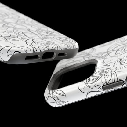 Monochrome Rose Garden Tough MagSafe iPhone Case – Elegant Floral Line Art with Dual-Layer Protection