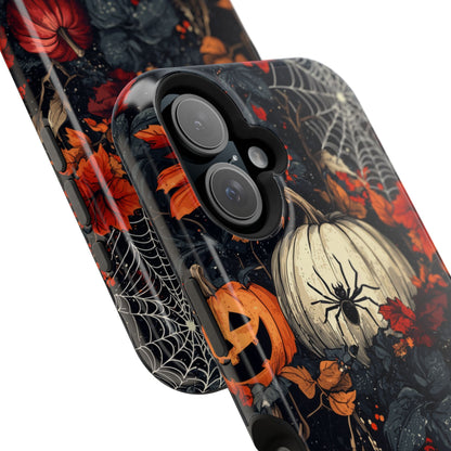 Hauntingly Elegant Halloween MagSafe iPhone Case – Pumpkins, Spiders, and Autumn Leaves Design