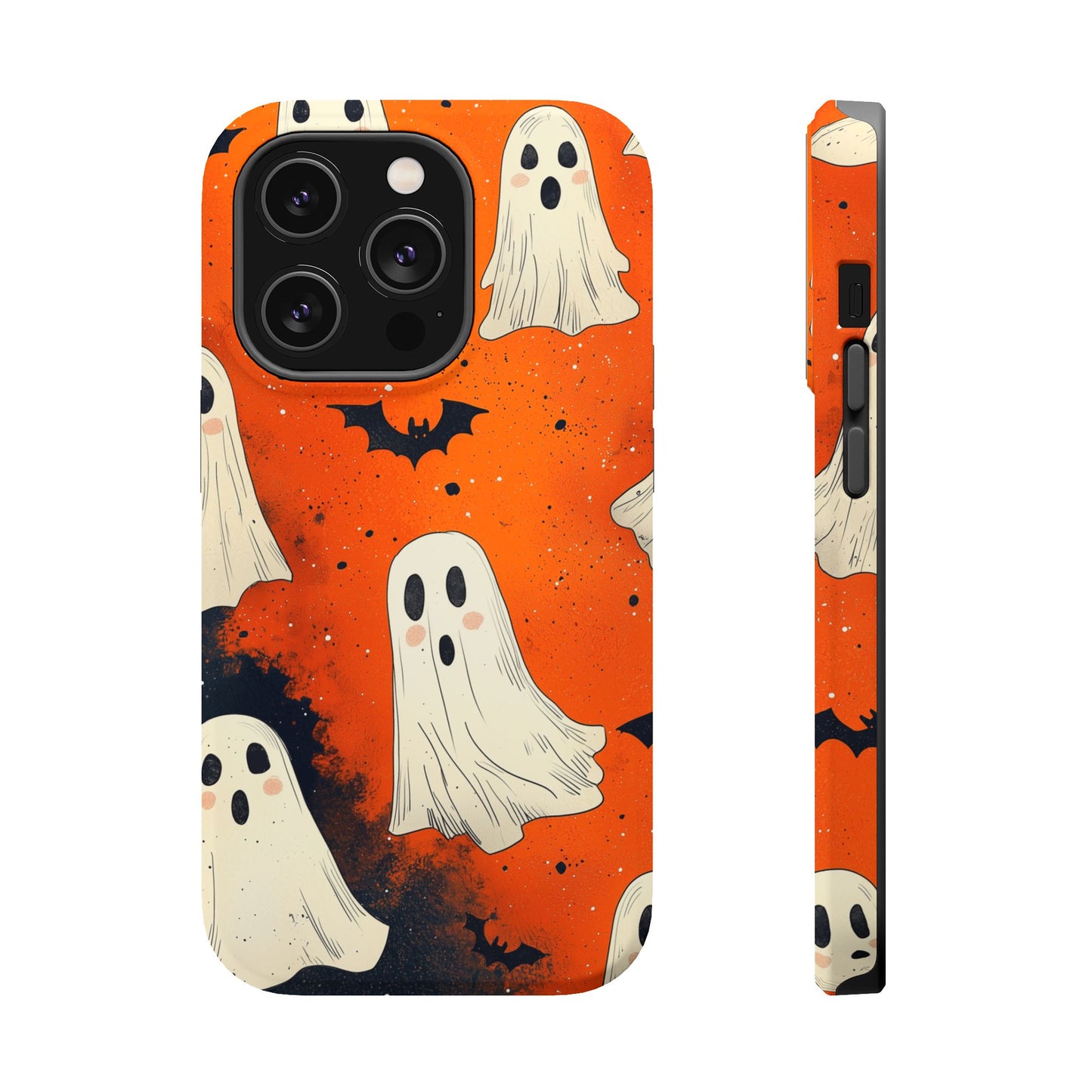 Spooky Ghosts & Bats  MagSafe iPhone Case – Vibrant Orange Halloween Design