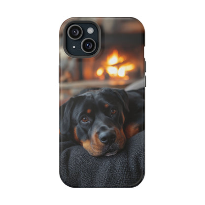 Charming Rottweiler by the Fireplace MagSafe iPhone Case – Cozy & Functional Design