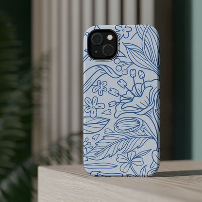 Dusty Blue Floral Line Art Tough MagSafe iPhone Case – Minimalist Botanical Design with Dual-Layer Protection