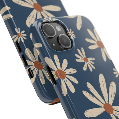 Vintage Daisies iPhone Case – Navy Blue Floral Design, Scratch - Resistant with Shock - Absorbing Bumper - BOGO Cases