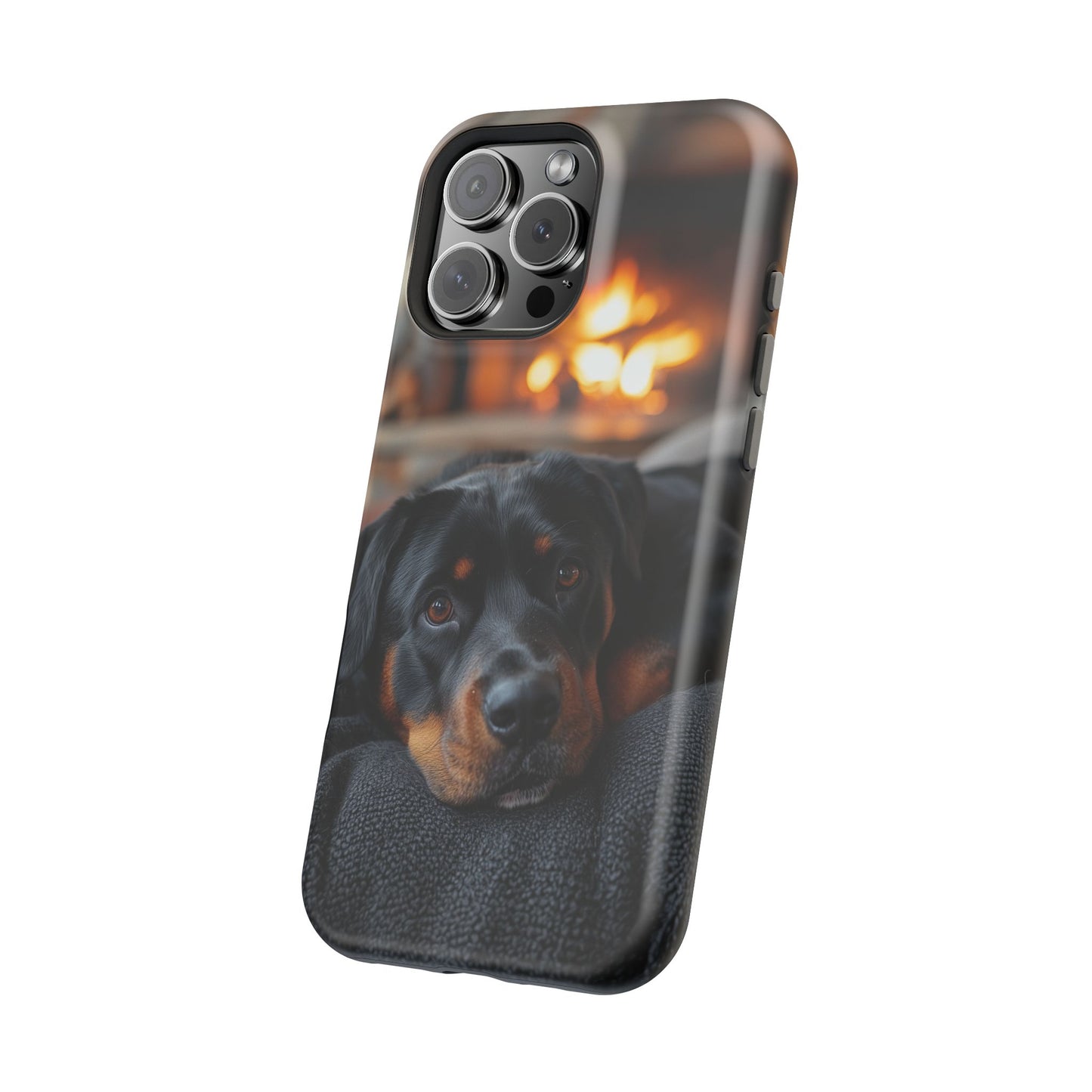 Charming Rottweiler by the Fireplace MagSafe iPhone Case – Cozy & Functional Design