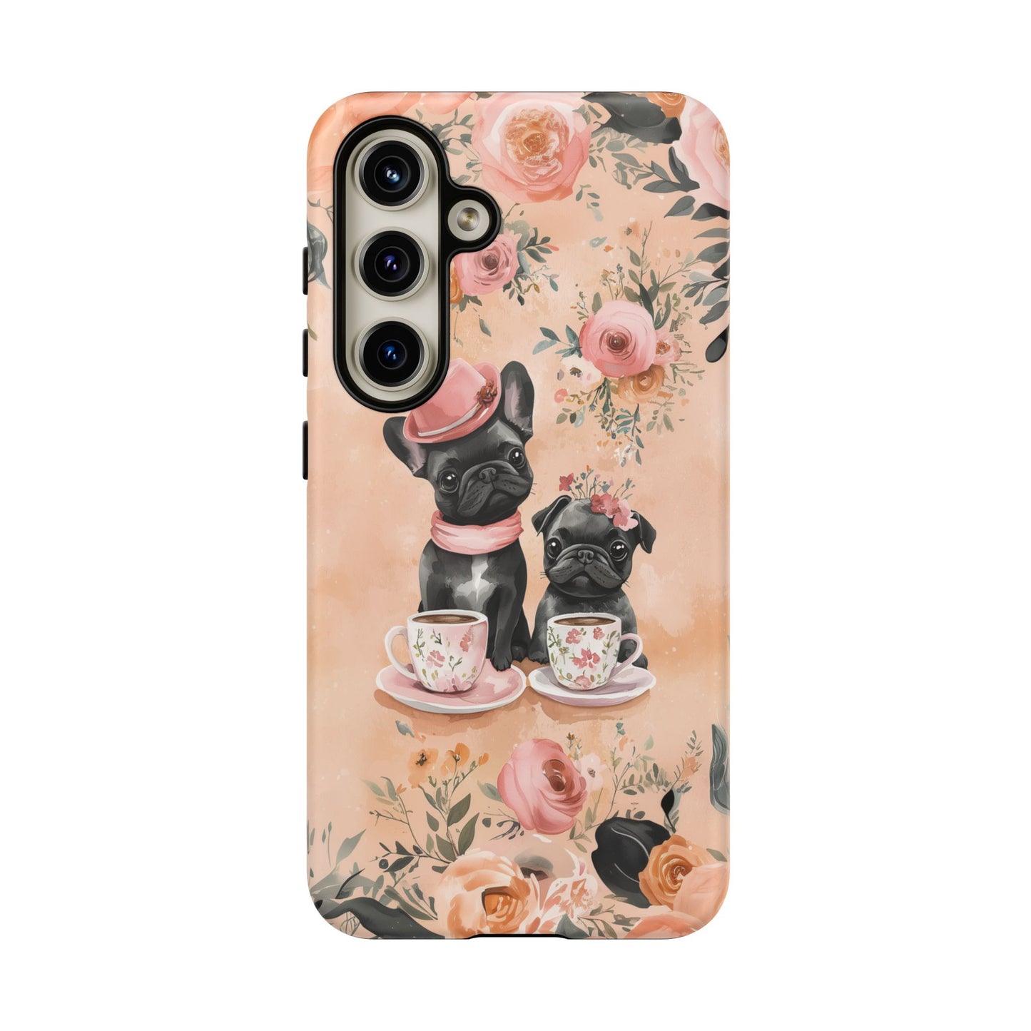 Floral French Bulldogs Samsung Galaxy Case – Elegant Dog Design with Tea Cups & Roses, Shockproof Protection