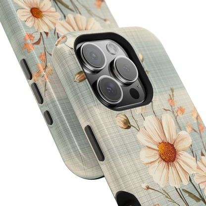 Pastel Green Daisy MagSafe iPhone Case - Floral Plaid Protective Cover