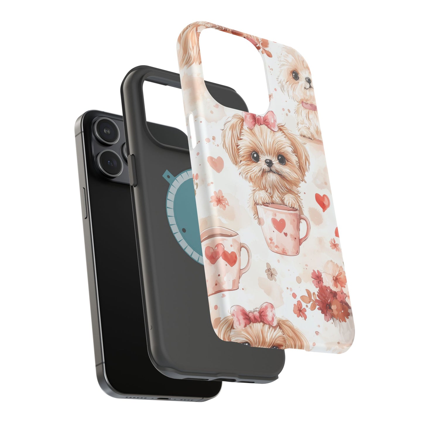 Puppies & Heart Mugs MagSafe iPhone Case – Sweet Dog & Floral Design, Shockproof & Slim