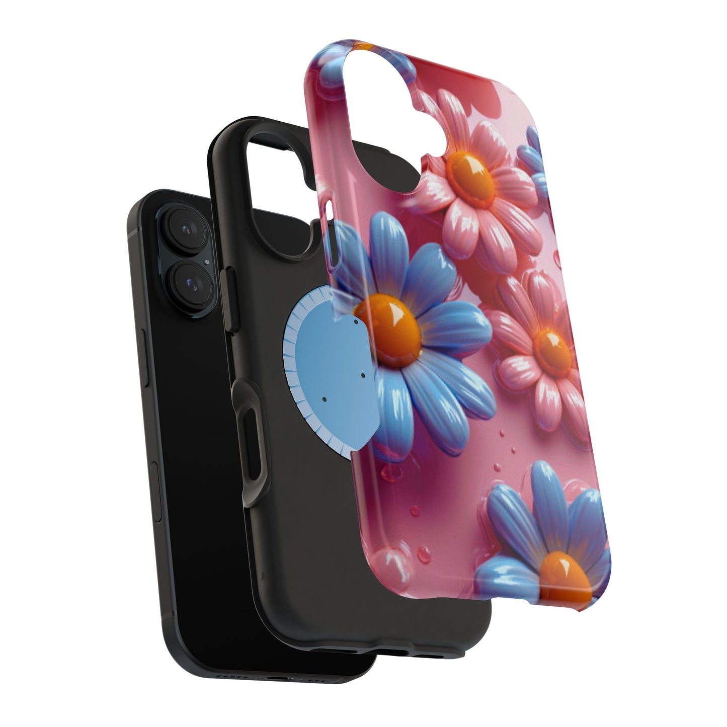 Pastel Daisy 3D MagSafe iPhone Case – Glossy Pink and Blue Floral Design, Full Protection