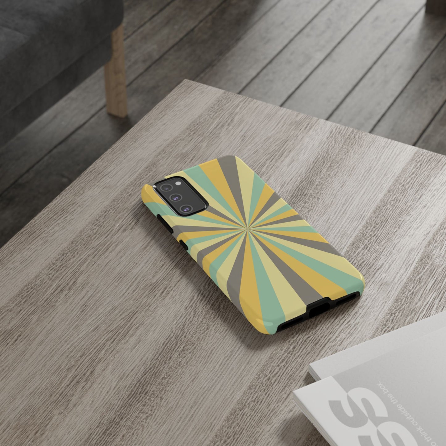 Vintage Sunburst Rays Samsung Galaxy Case – Bold 70s-Inspired Burst in Yellow, Mint, and Gray