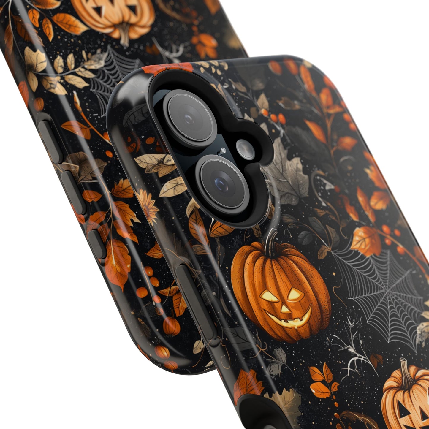 Elegant Halloween MagSafe iPhone Case – Pumpkin Jack-o'-Lanterns, Cobwebs & Autumn Foliage Design