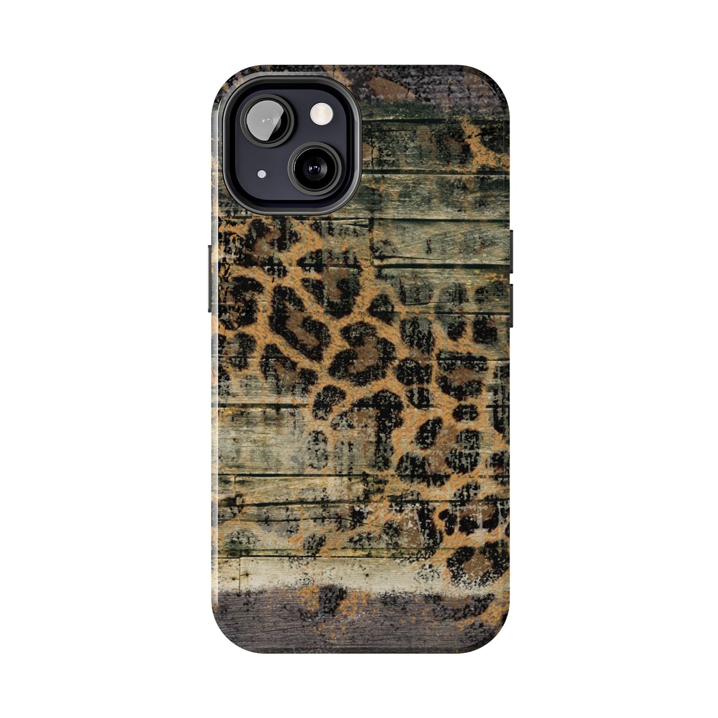 Rustic Wood and Leopard Print Tough iPhone Case – Distressed Western Design with Dual-Layer Protection