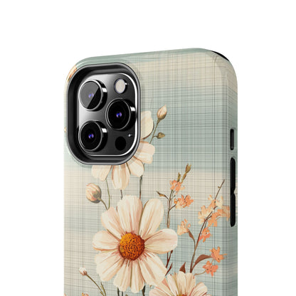 Vintage Plaid & Daisy Floral Tough iPhone Case – Dual-Layer Protection with Retro Flower Design