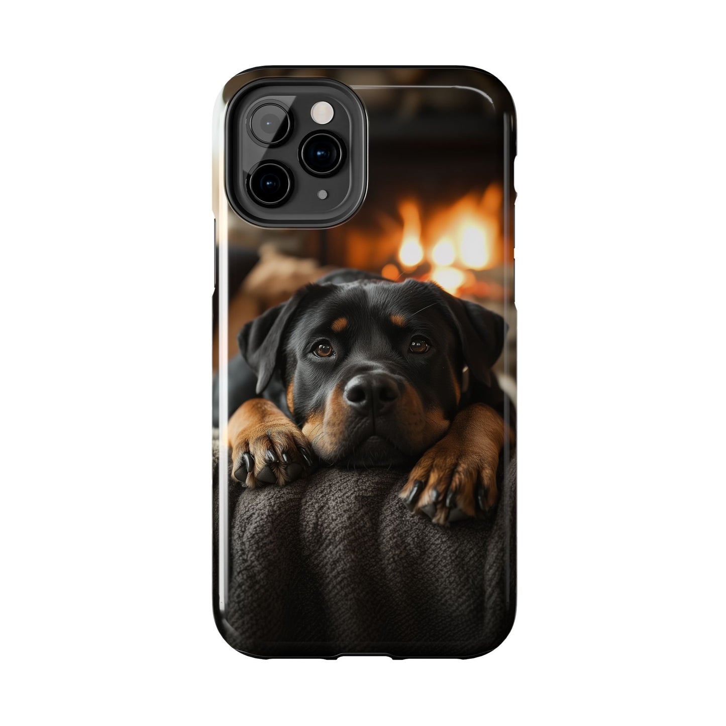 Cozy Rottweiler by the Fireplace iPhone Case – Warm Rustic Design