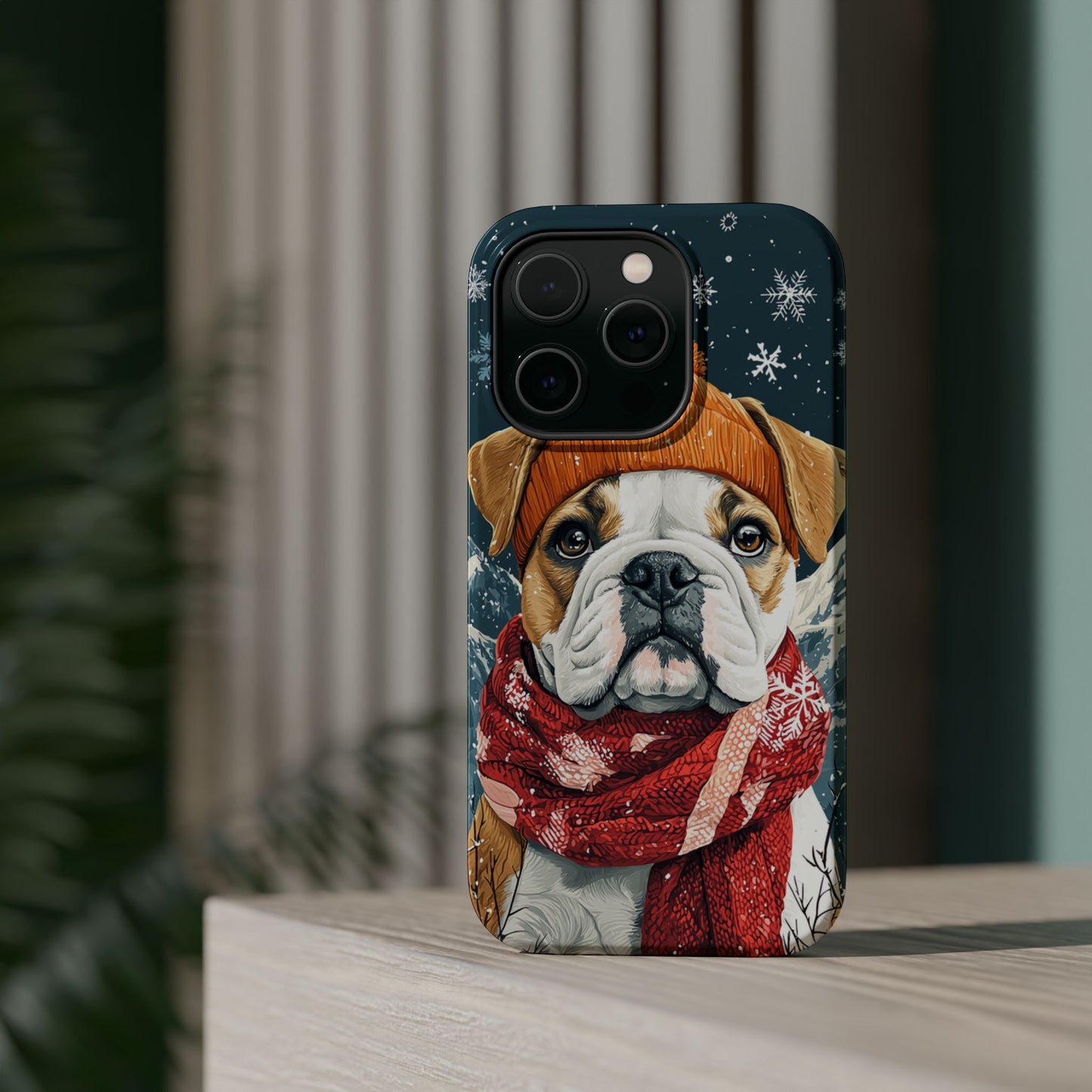 Cozy French Bulldog MagSafe iPhone Case – Rustic Fireplace Protective Cover