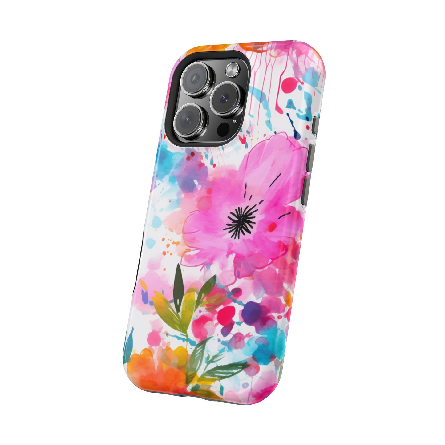 Color Splash Pink & Orange Watercolor Floral - MagSafe iPhone Case